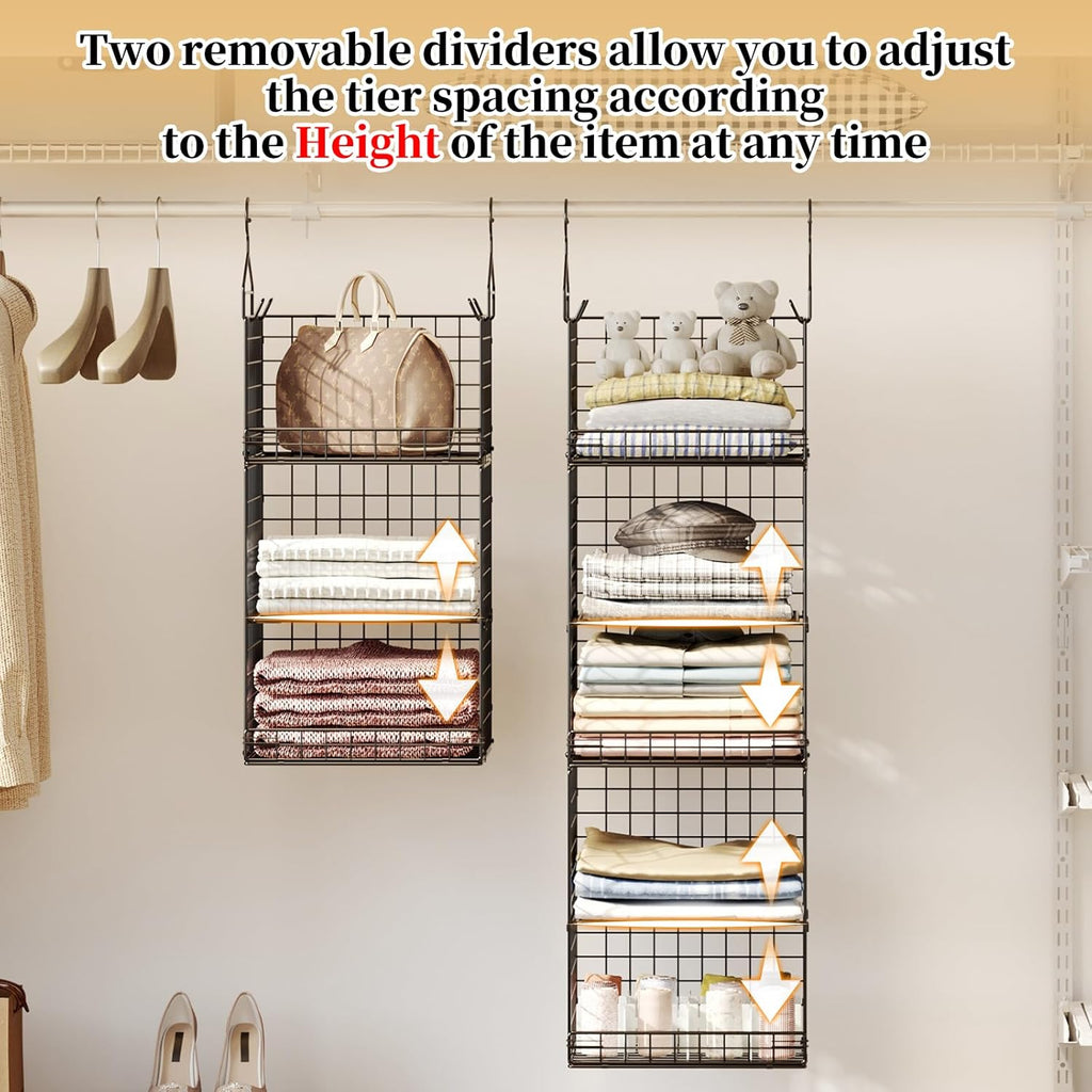 5 Tier Closet Hanging Organizer and Storage Separable Hanging Closet Shelves with 4 Hooks 2 Adjustable Dividers, Wire Storage Basket Bins for Clothing Sweaters Socks Dolls Handbags, Foldable