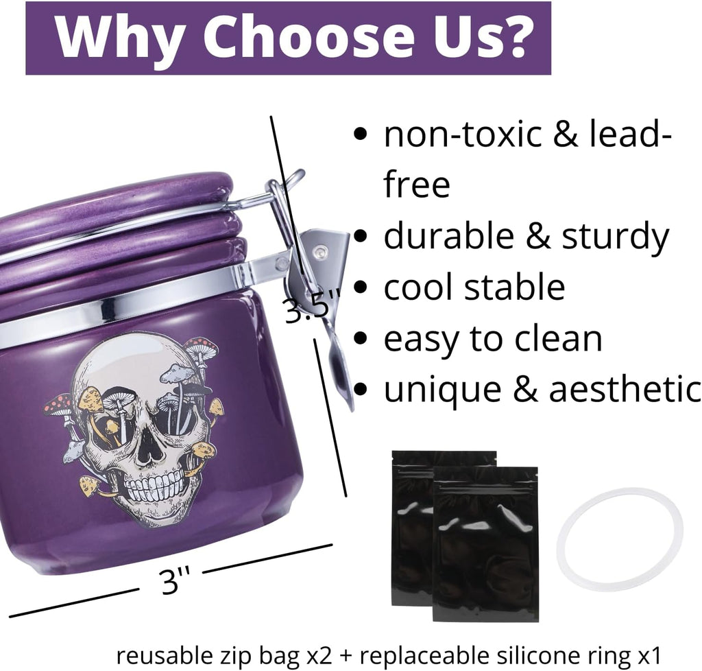 Mushroom Skull Stash Jar Half Oz (250Ml), Odor Smell Proof Jar Airtight Container Keep Herbs Fresh Storage, Mushroom Skull Bowl Bottle Holder - Goth Skull Decor Gothic Mushroom Skull Gifts - Purple