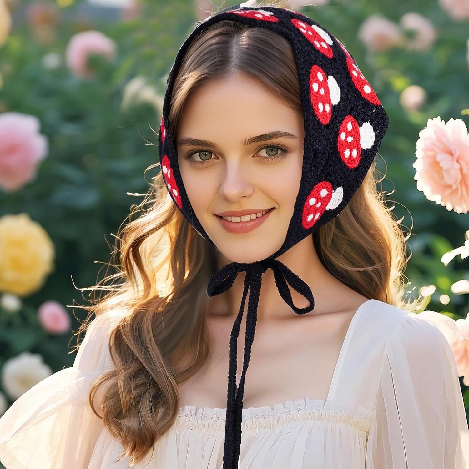 Crochet Bandana Headband Head Scarf Hairband for Women Black Knitted Mushroom Hair Accessories for Festival 80S Hair Styling Decor