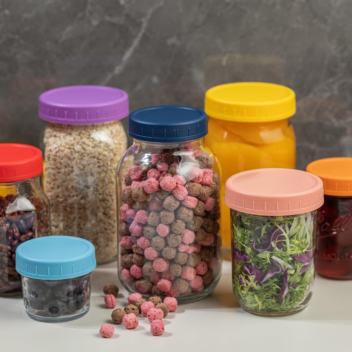 22 Pack Plastic Mason Jar Lids, 11 Wide Mouth & 11 Regular Mouth with Silicone Rings,Thickened Leak-Proof Lids Fit Ball,Kerr and More, 86Mm & 70Mm(Multicolored)