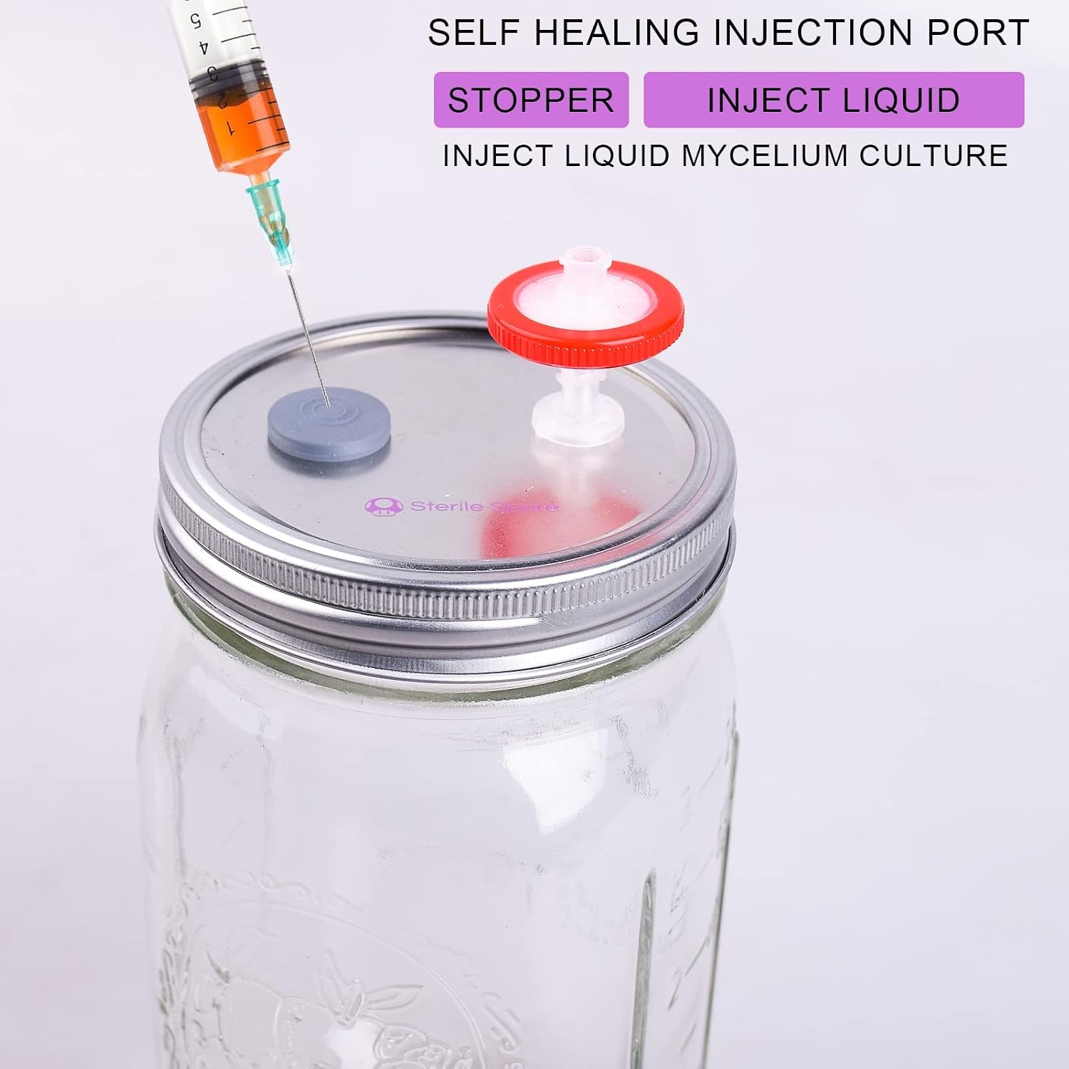 6Pcs Wide Mouth Mushroom Liquid Culture Lid,Split-Type Mason Jar Lid with 0.22Um PTFE Syringe Filter & 20Mm Self Healing Ports for Mushroom(Silver)