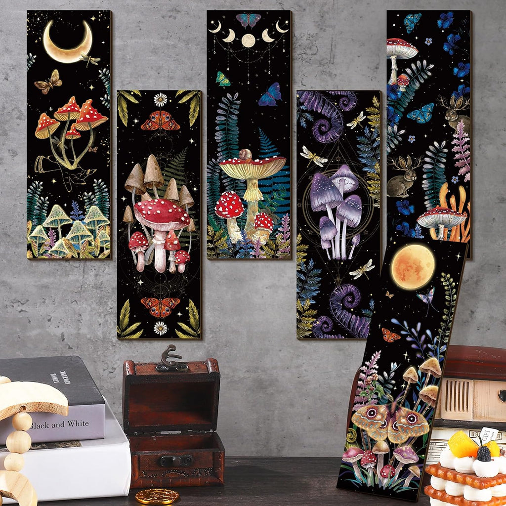 6 Pcs Mushroom Wall Decorations Gothic Wall Decor Minimalist Wooden Boho Hanging Witchy Farmhouse Pediments for Gallery Bedroom Living Room Decorations