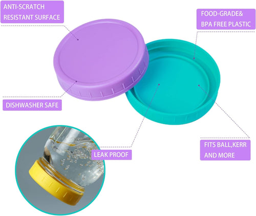 22 Pack Plastic Mason Jar Lids, 11 Wide Mouth & 11 Regular Mouth with Silicone Rings,Thickened Leak-Proof Lids Fit Ball,Kerr and More, 86Mm & 70Mm(Multicolored)