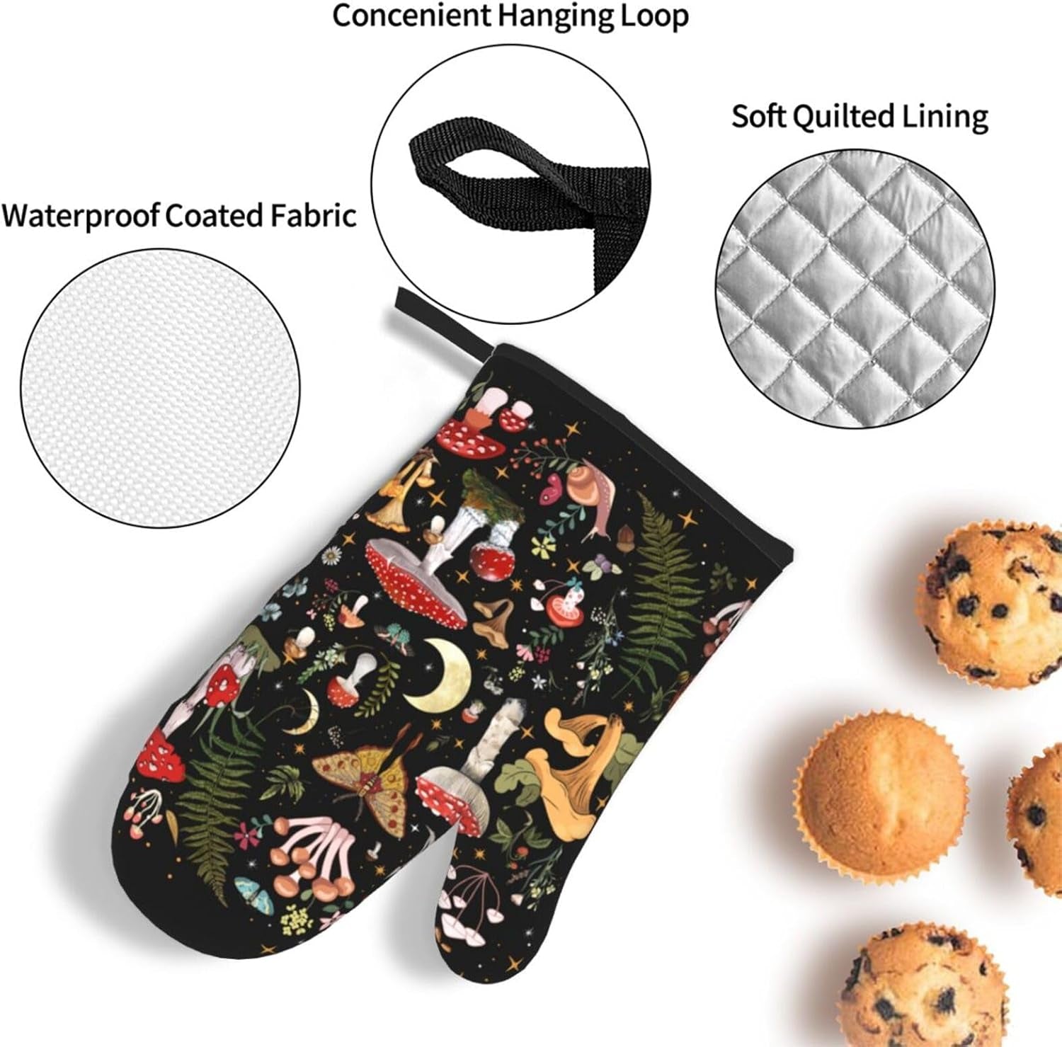 Mushroom Oven Mitts and Pot Holders Sets, Heat Resistant Black Hot Pads Witchy Oven Gloves for Cooking Grilling Baking Kitchen Decor Aesthetic, Witchy Gifts for Women,Mushroom Gifts for Women