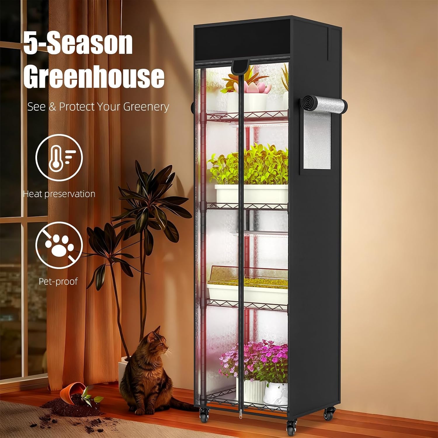 Indoor Greenhouse with Grow Light, 15.7" L×11.8" W×62.3" H with 48W