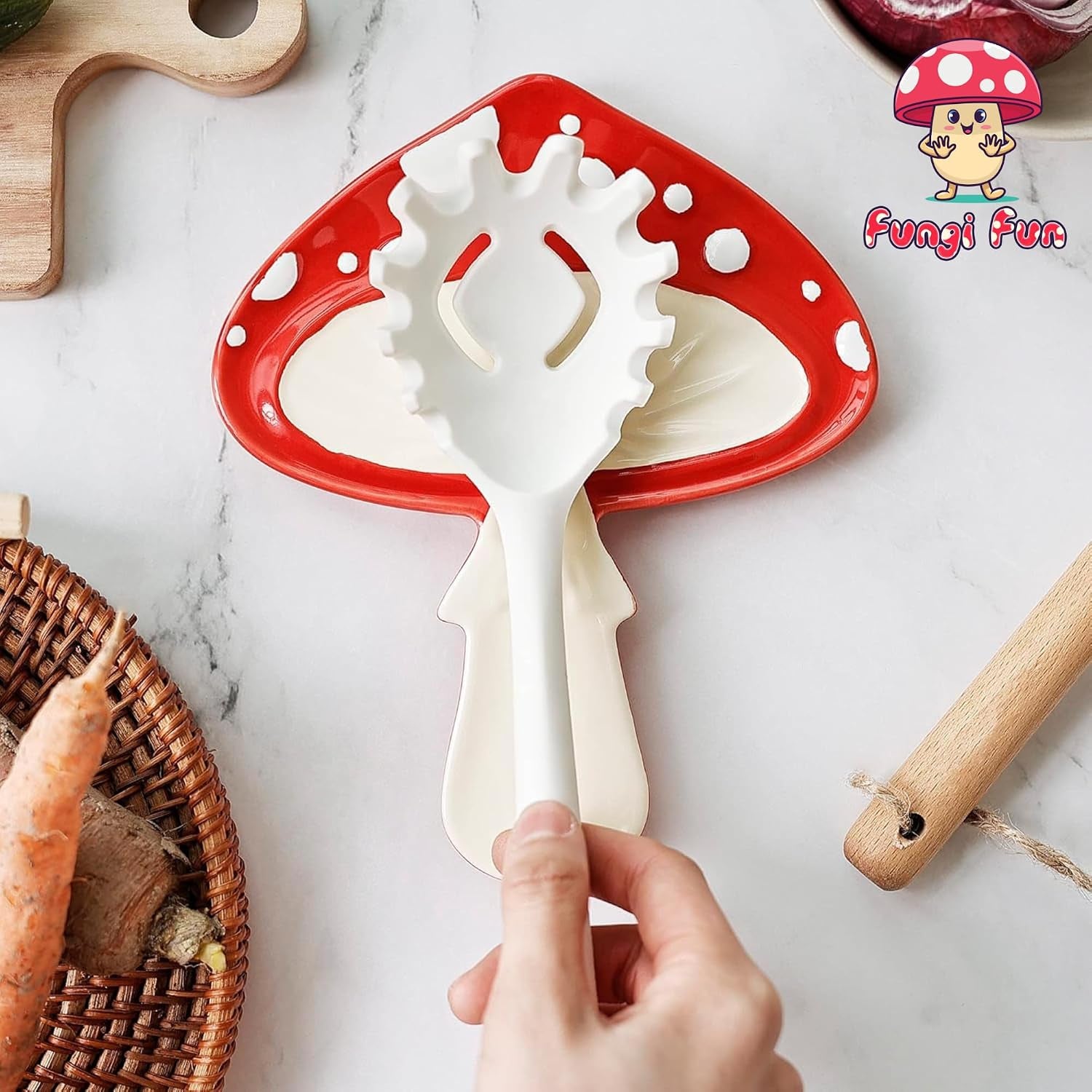Ceramic Mushroom Spoon Rest - Whimsical Kitchen Decor for Home, Mushroom Utensil Spatula Holder for Cooktop Surface, Cute and Durable Kitchen Accessories, Cottagecore Decor Red & Cream