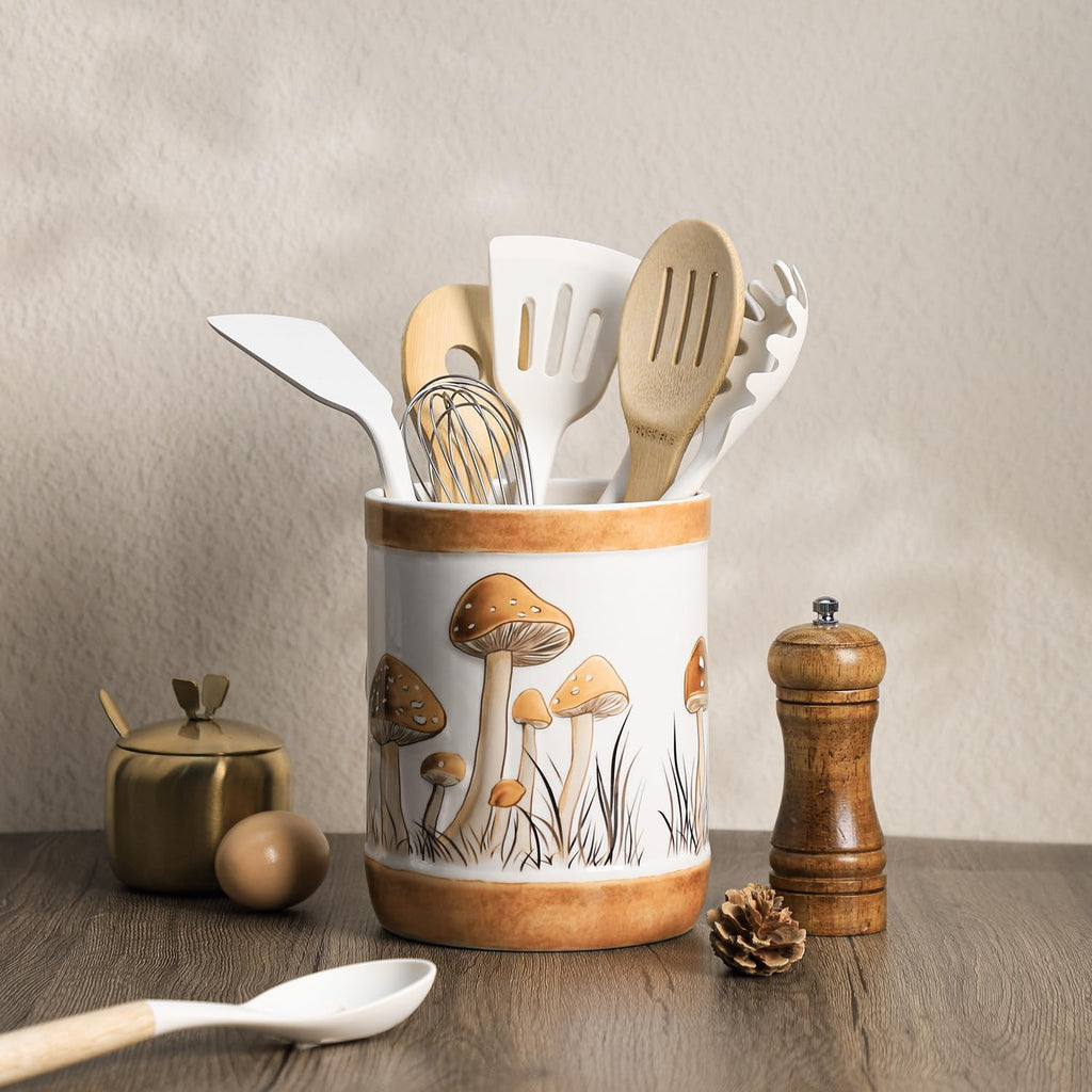 Brown Ceramic Mushroom Pattern Kitchen Utensil Holder, Large Cooking Utensil Crocks for Kitchen Countertop, Ceramic Utensil Organizer