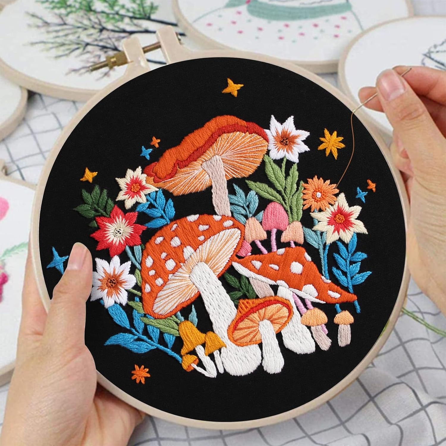 Mushroom Embroidery Kits for Beginners with Art Night Pattern,Adults Starter Cross Stitch Kit DIY Needlepoint