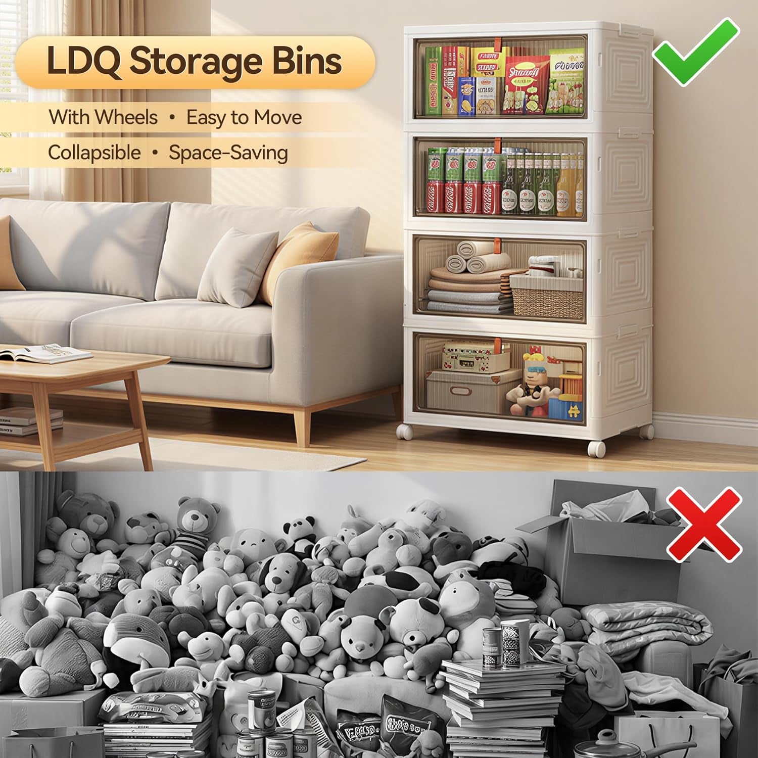 136Qt Large Storage Bins with Lids, 4 Tier Stackable Storage Cabinet with Wheels & Clear Doors, Foldable Plastic Closet Organizer for Bedroom, Bathroom & Kitchen