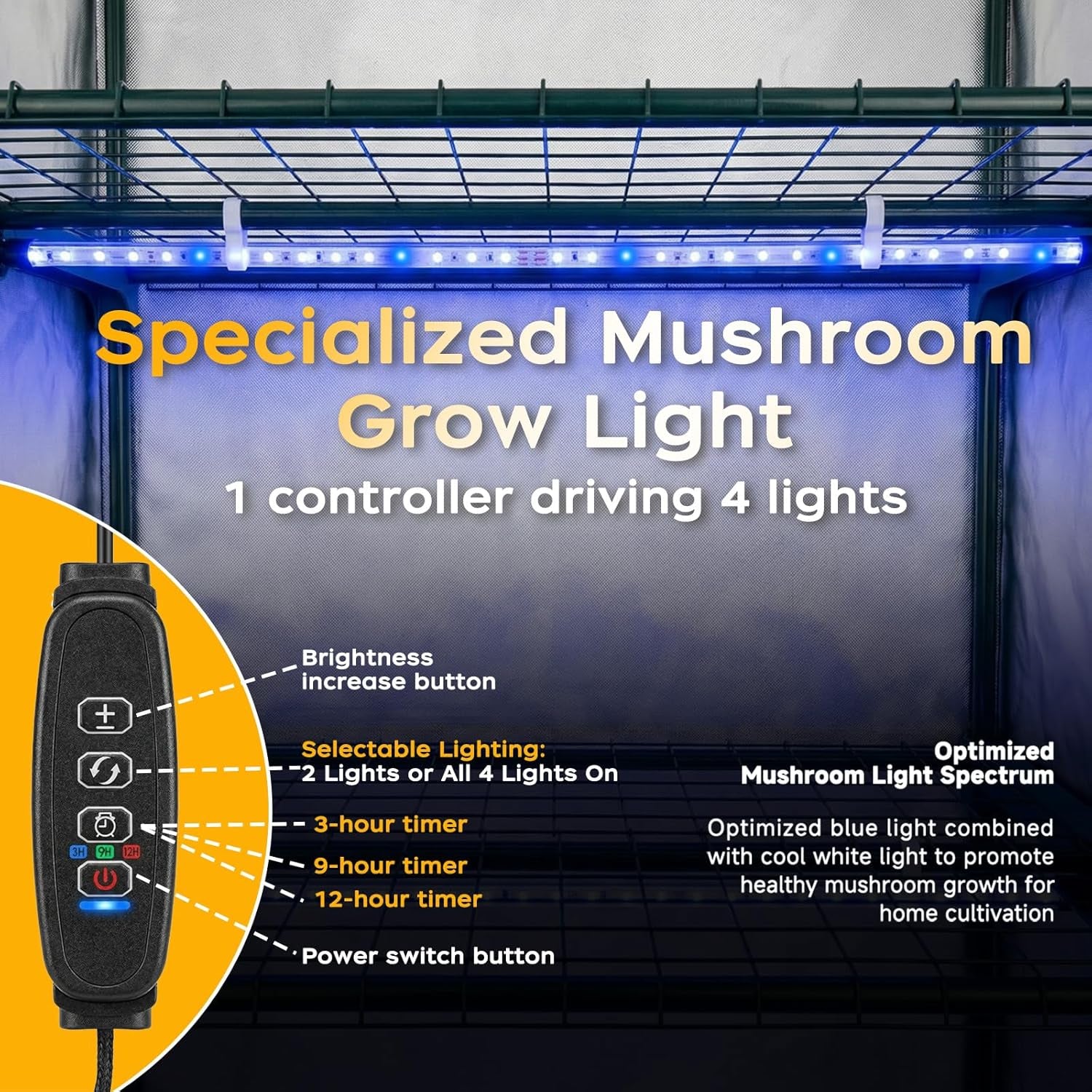 Mushroom Grow Tent Kit with Mushroom-Optimized Grow Lights & Timer | 27.5"W X 20"D X 65"H, Indoor Martha Tent with Oxford Fabric Cover, Small Greenhouse, 4" Vent Ports for Inline Fan, Humidifier
