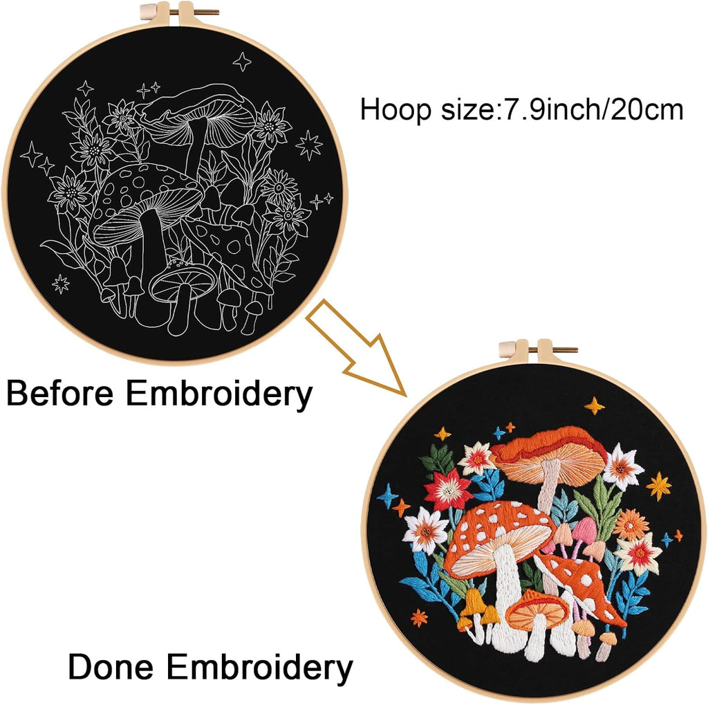 Mushroom Embroidery Kits for Beginners with Art Night Pattern,Adults Starter Cross Stitch Kit DIY Needlepoint