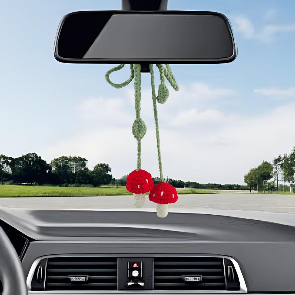 Mushroom Car Hanging Ornament, Cute Handmade Crochet Vehicle Rear View Mirror Pendant, Knitted Automotive Interior Decoration Charm Accessories, Universal for Sedan Truck SUV