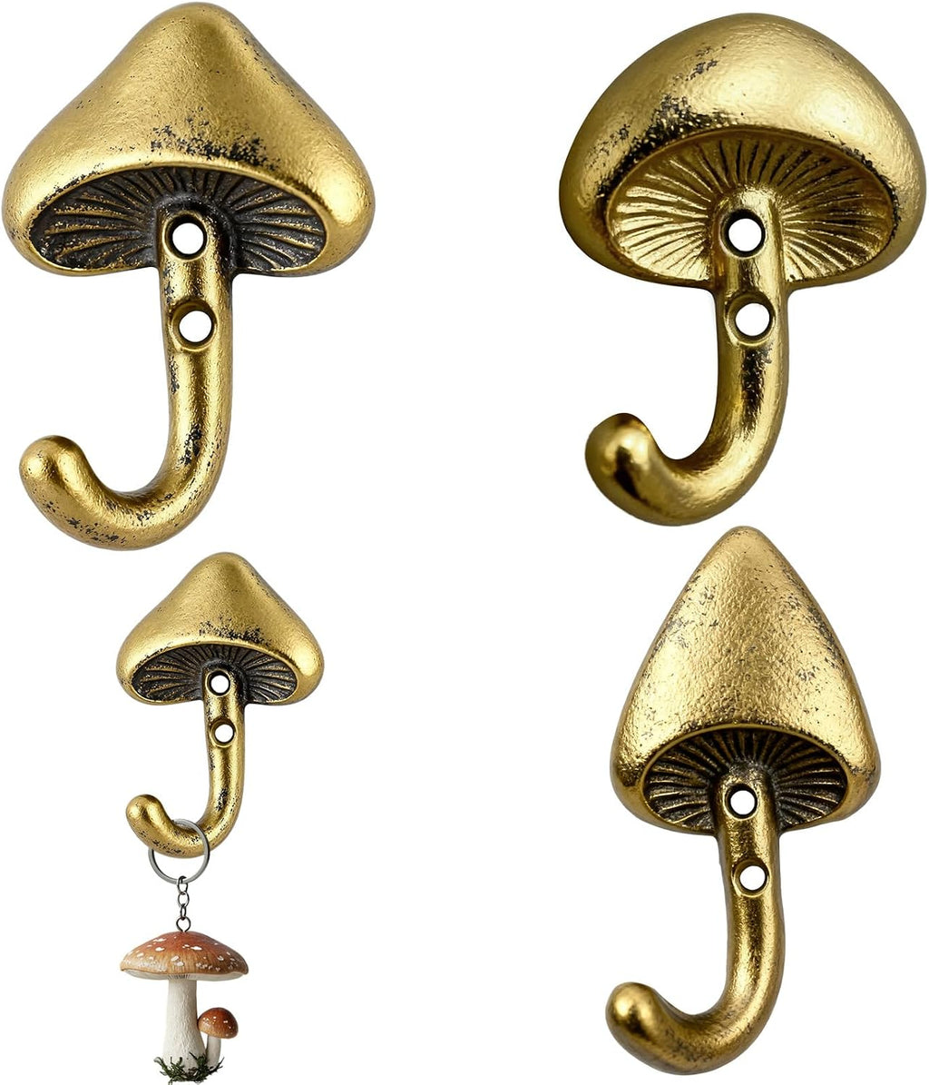 3 Pcs Mushroom Wall Hooks Decorative Iron Mushroom Shaped Hanging Hooks Wall Mounted Coat Towel Bags Hanger Key Holder for Home Bathroom Kitchen(Short Size,Classic Style,Gold)