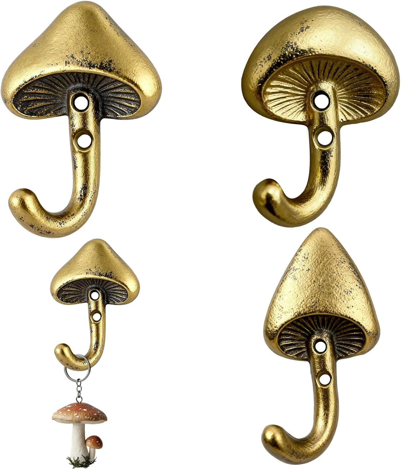 3 Pcs Mushroom Wall Hooks Decorative Iron Mushroom Shaped Hanging Hooks Wall Mounted Coat Towel Bags Hanger Key Holder for Home Bathroom Kitchen(Short Size,Classic Style,Gold)