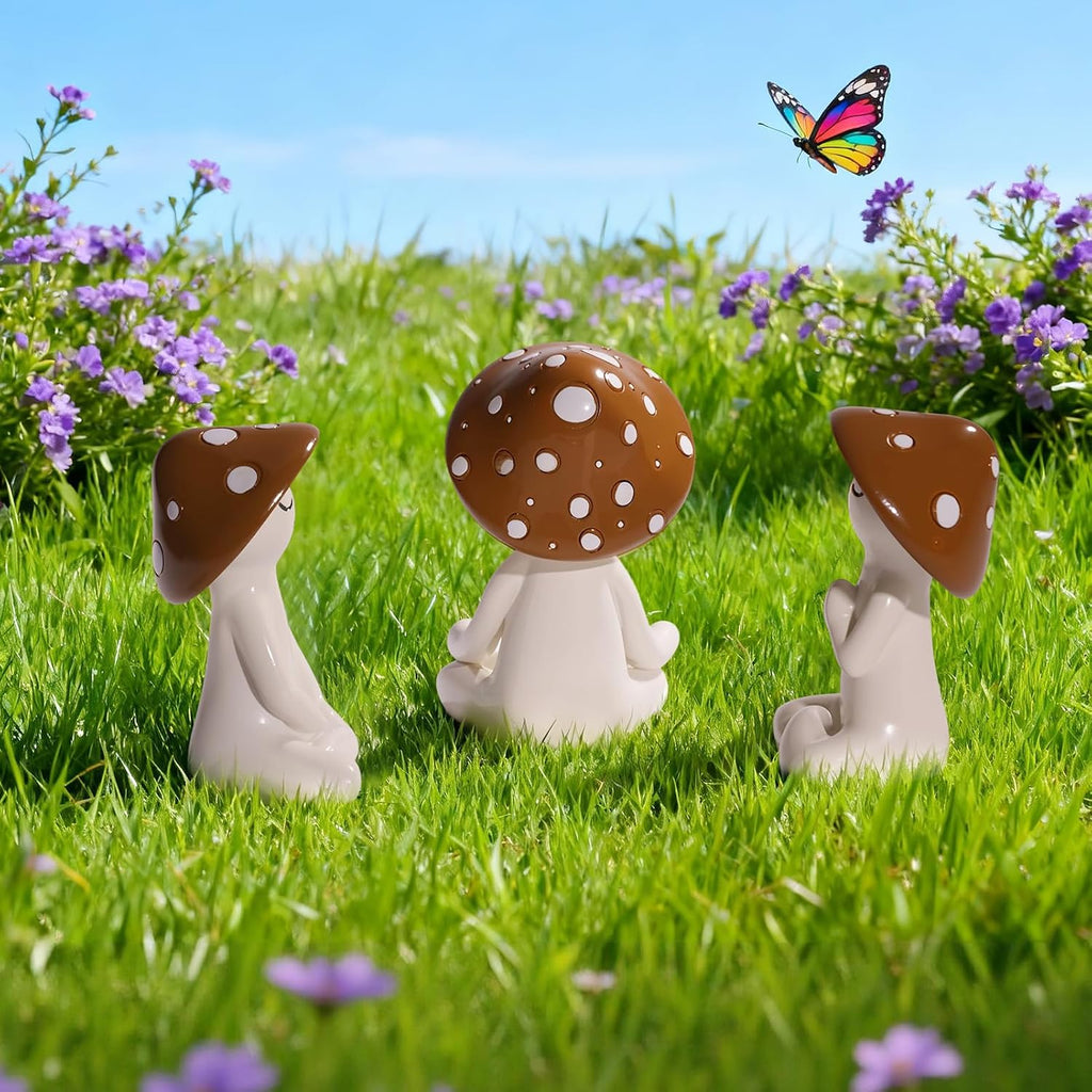 3 PCS Meditation Mushroom Statue - Cute Mushroom Decorations Figurines Mushroom Decor Statue Resin Figurine for Cute Room Decor Mushroom Figurines for Tabletop Garden Bathroom Backyard Shelf Decor