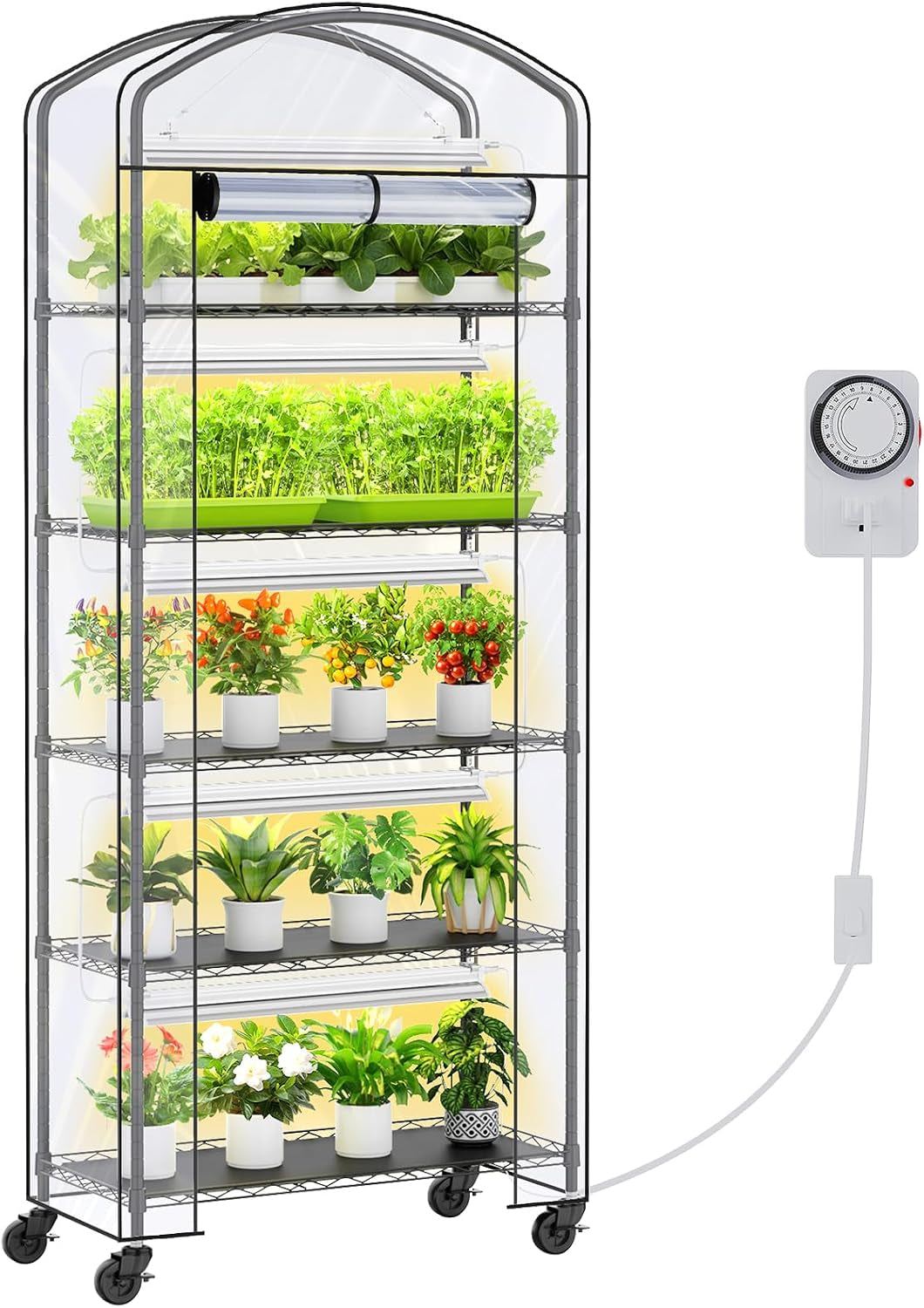 Small Indoor Greenhouse with Grow Light & PVC Cover Portable Mini Greenhouse Tent Shelves Adjustable 5 Tier Metal Plant Stand with Grow Light for Indoor Plants, Seed Starting, 29.5"X13.7"X71"