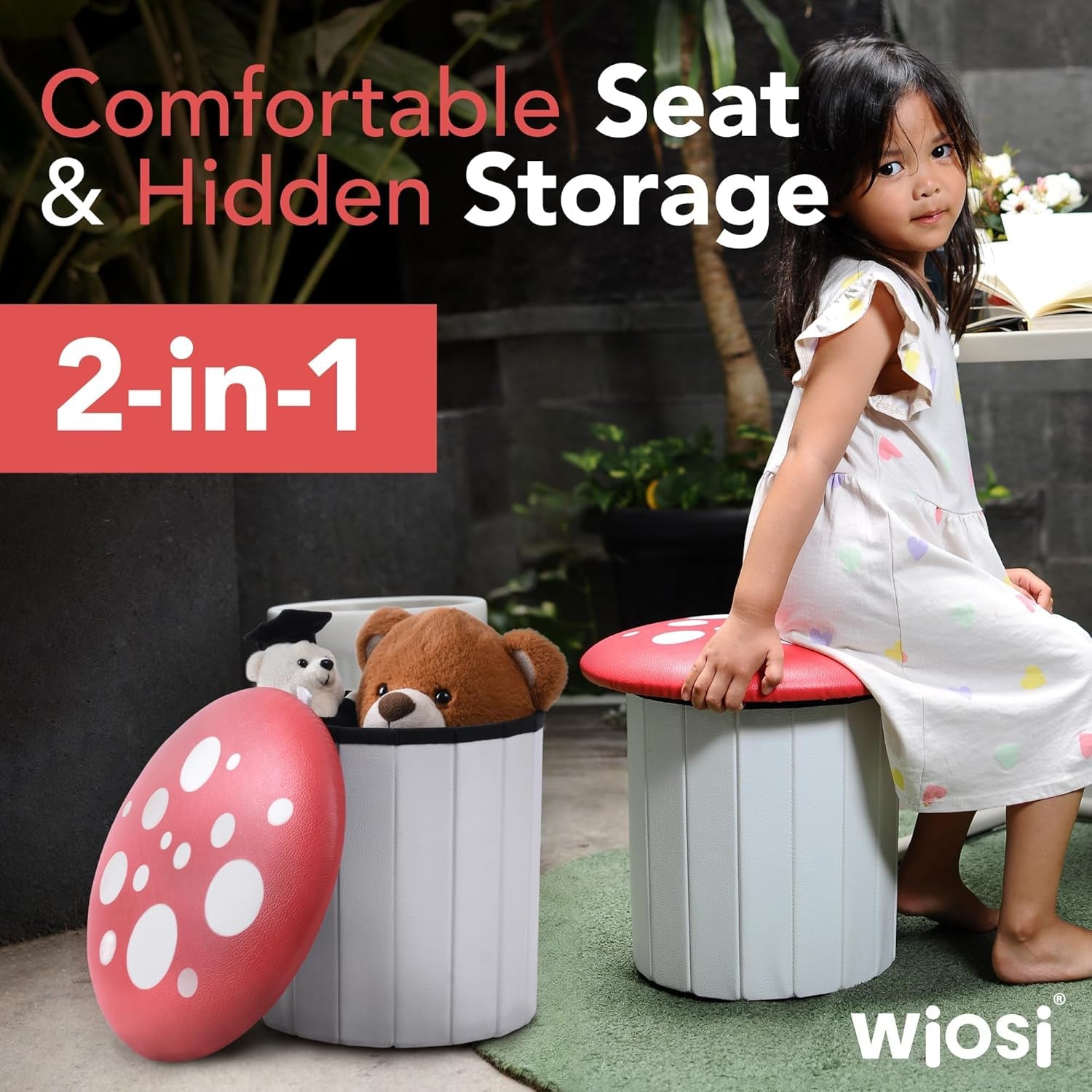 Cute Mushroom Ottoman Stool for Boys & Girls - Multipurpose Storage Ottoman for Toys & Clothes - Small Ottoman Foot Stool for Bedroom - Mushroom Decor Chair - round Storage Ottoman