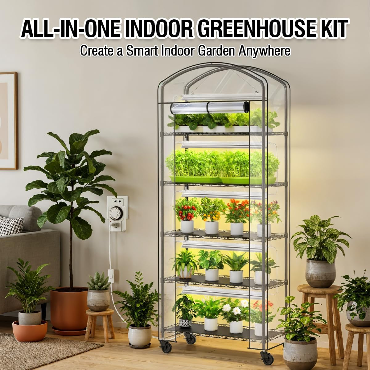 Small Indoor Greenhouse with Grow Light & PVC Cover Portable Mini Greenhouse Tent Shelves Adjustable 5 Tier Metal Plant Stand with Grow Light for Indoor Plants, Seed Starting, 29.5"X13.7"X71"