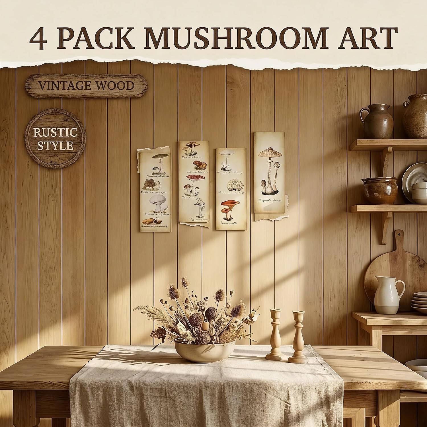 4 Pack Mushroom Wall Posters & Prints Rustic Vintage Aesthetic Mushroom Decor & Decorations for Kitchen, Bathroom, Living Room, Bedroom & Office