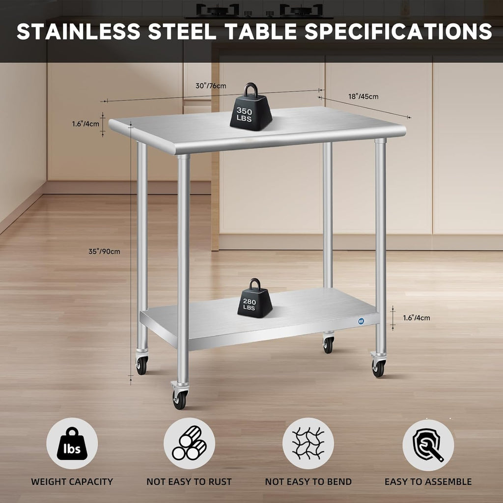 Stainless Steel Table with Wheels, Stainless Table for Prep & Work, 30 X 18 X 35Inch Commercial NSF Steel Metal Table for Restaurant Kitchen Hotel Garage