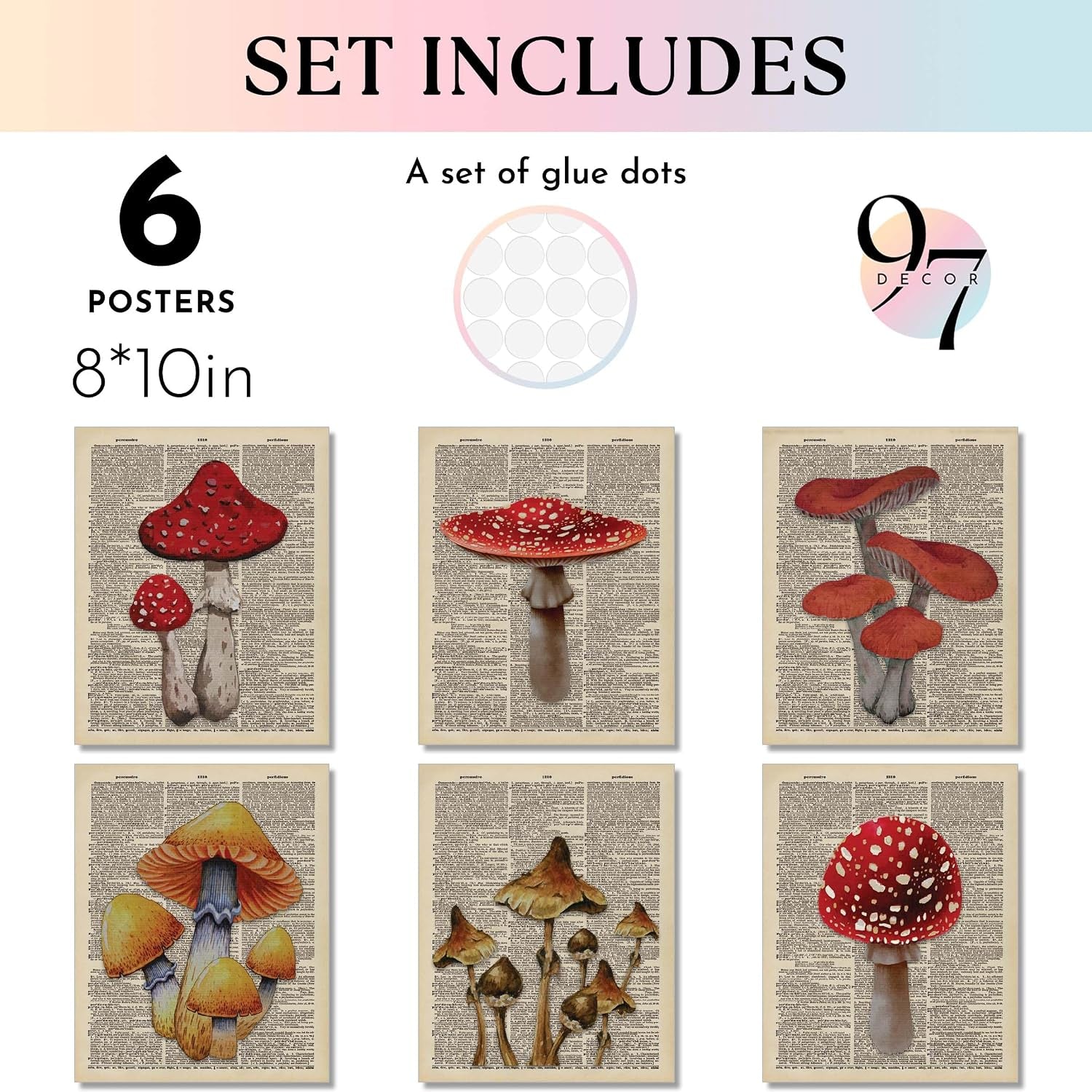 Vintage Mushroom Poster - Mushroom Wall Decor, Retro Mushrooms Wall Art Prints, Cottagecore Room Decor Aesthetic, Earthy Dictionary Mushrooms Picture for Home Bedroom (8X10 UNFRAMED)