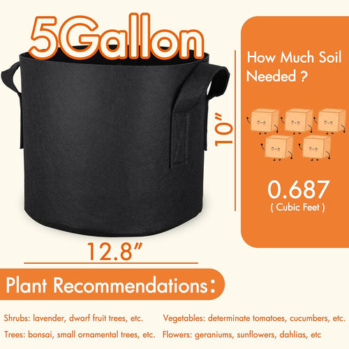 10-Pack 5 Gallon Grow Bags, 300G Thickened Fabric Grow Bags with Handles, Heavy Duty Aeration Plant Grow Bags for Indoor & Outdoor Use