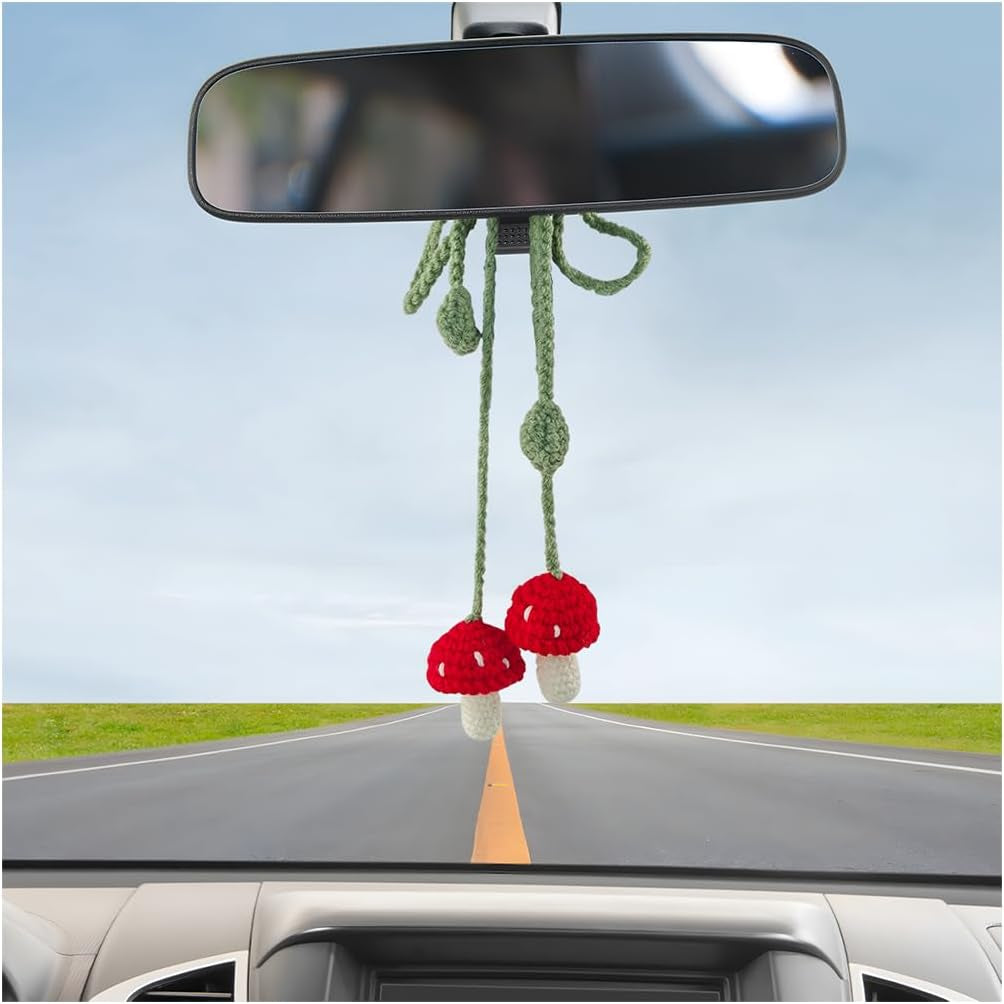 Mushroom Car Hanging Ornament, Cute Handmade Crochet Vehicle Rear View Mirror Pendant, Knitted Automotive Interior Decoration Charm Accessories, Universal for Sedan Truck SUV