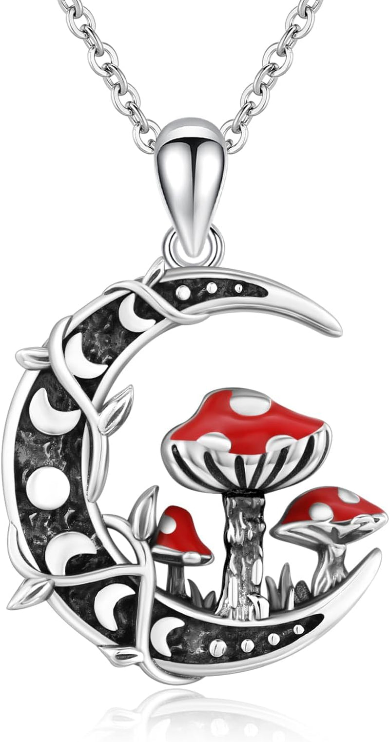 Moon Mushroom Necklace 925 Sterling Silver Mushroom Pendant Moon Phase Necklaces Mushroom Jewelry Gift for Women Mushroom Lover Anniversary Christmas Gift