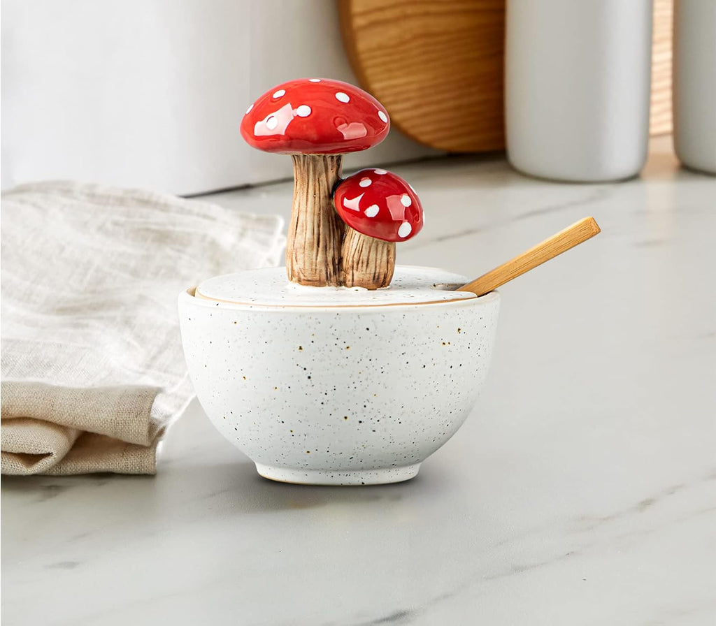 Mushroom Salt Cellar with Lid Ceramic Salt Box White Salt Bowl Salt Container with Lid Salt Pig with Bamboo Spoon Salt Holder Salt Well Salt Keeper