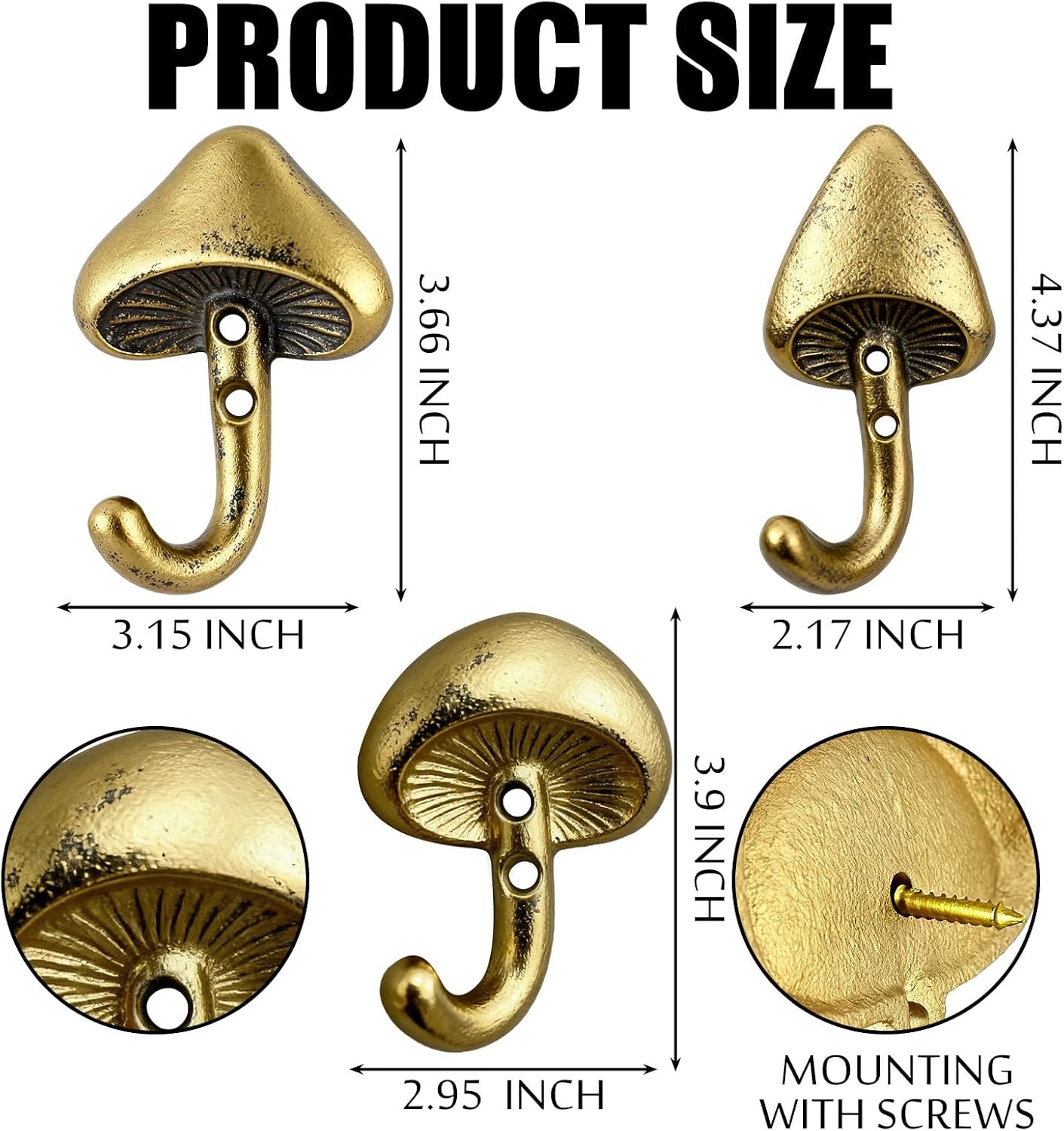 3 Pcs Mushroom Wall Hooks Decorative Iron Mushroom Shaped Hanging Hooks Wall Mounted Coat Towel Bags Hanger Key Holder for Home Bathroom Kitchen(Short Size,Classic Style,Gold)