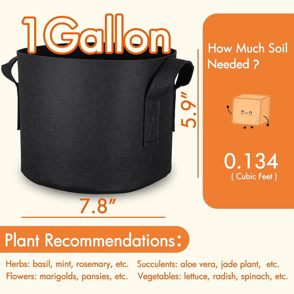 10-Pack 1 Gallon Grow Bags, 300G Thickened Fabric Grow Bags with Handles, Heavy Duty Aeration Plant Grow Bags for Indoor & Outdoor Use