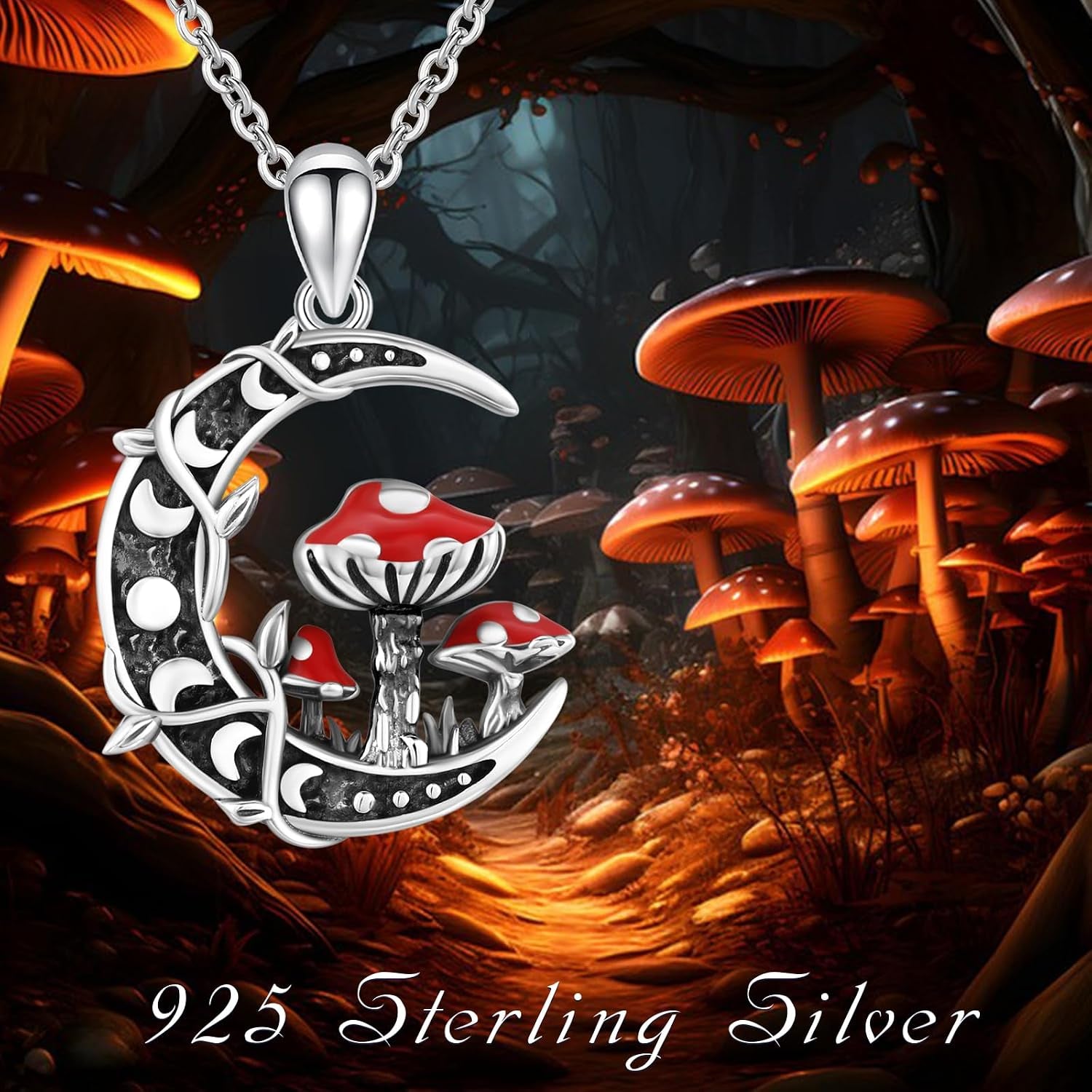 Moon Mushroom Necklace 925 Sterling Silver Mushroom Pendant Moon Phase Necklaces Mushroom Jewelry Gift for Women Mushroom Lover Anniversary Christmas Gift