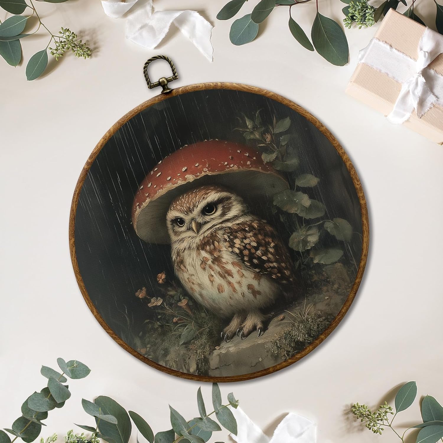 Cottage Core Mushroom Owl round Wall Decor, Dark Cottagecore Rainy Day Owl Mushroom Framed Canvas Prints, Rustic Wall Art Hanging Decorations for Home Bedroom Living Room Decor, 10X10In
