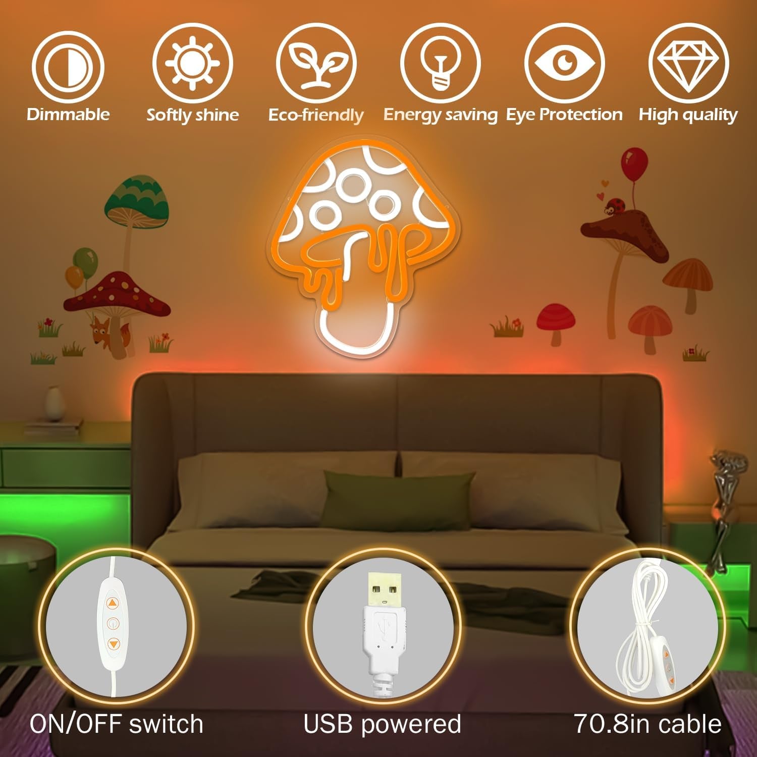 Mushroom Neon Sign Dimmable Led Cute Night Light 3D Wall Art Mushroom Neon Signs for Game Room Bedroom Decor Holiday Gift for Children Kids Girl