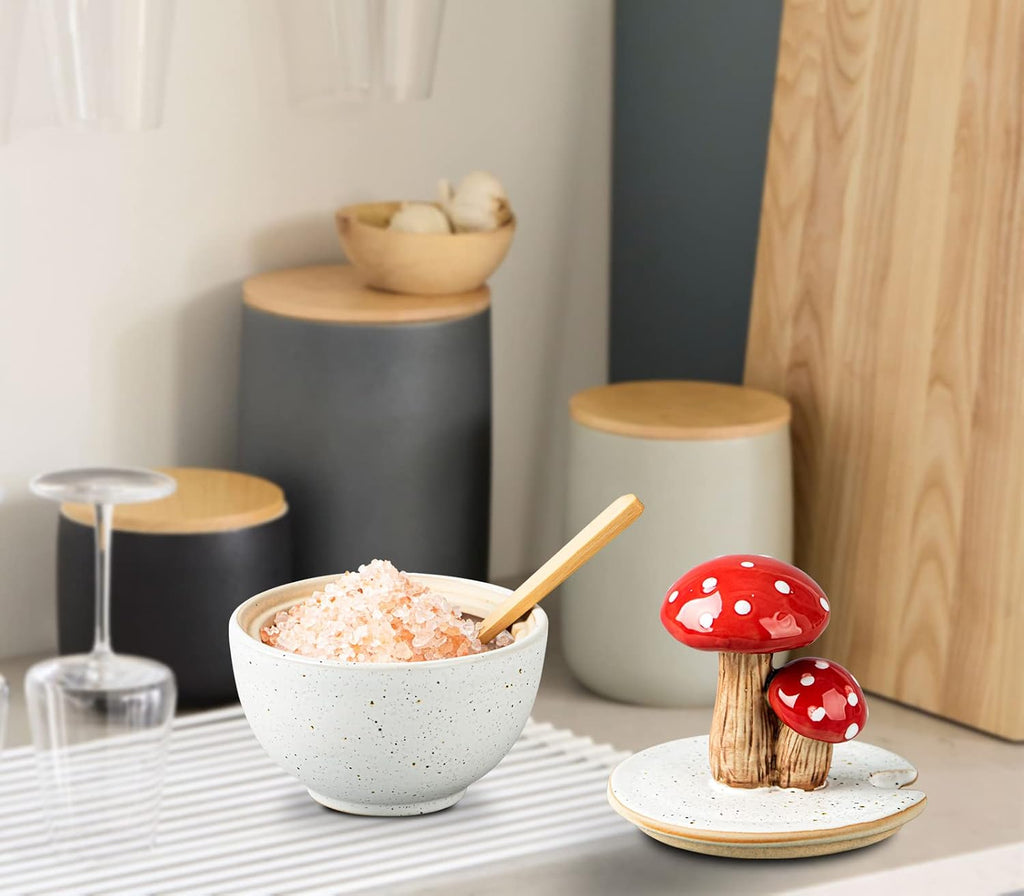 Mushroom Salt Cellar with Lid Ceramic Salt Box White Salt Bowl Salt Container with Lid Salt Pig with Bamboo Spoon Salt Holder Salt Well Salt Keeper