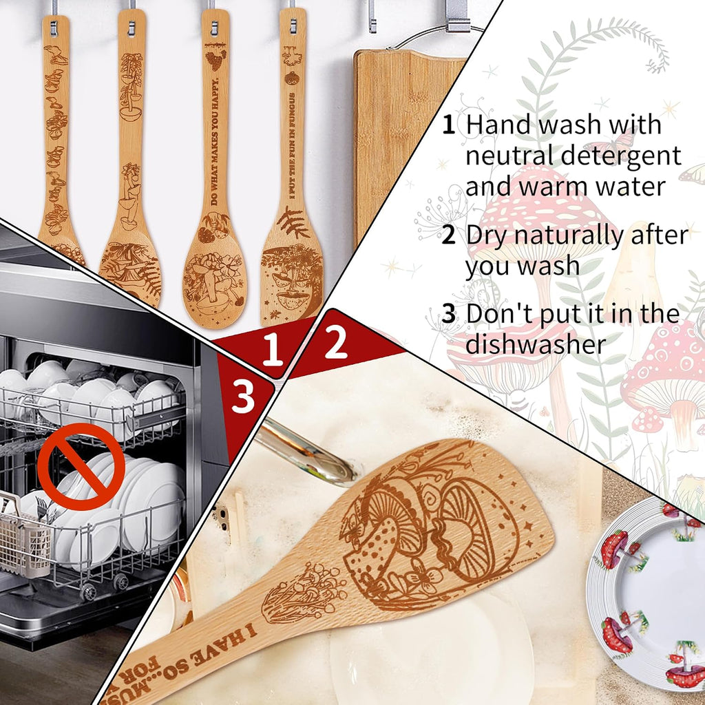 Mushroom Kitchen Decor Bamboo Wooden Spoons with Utensil Holder-Mushroom Kitchen Accessories for Cooking-Home Decorations Gifts for Women-Housewarming,Birthday,Easter,Mothers Day Gift（6Pcs）