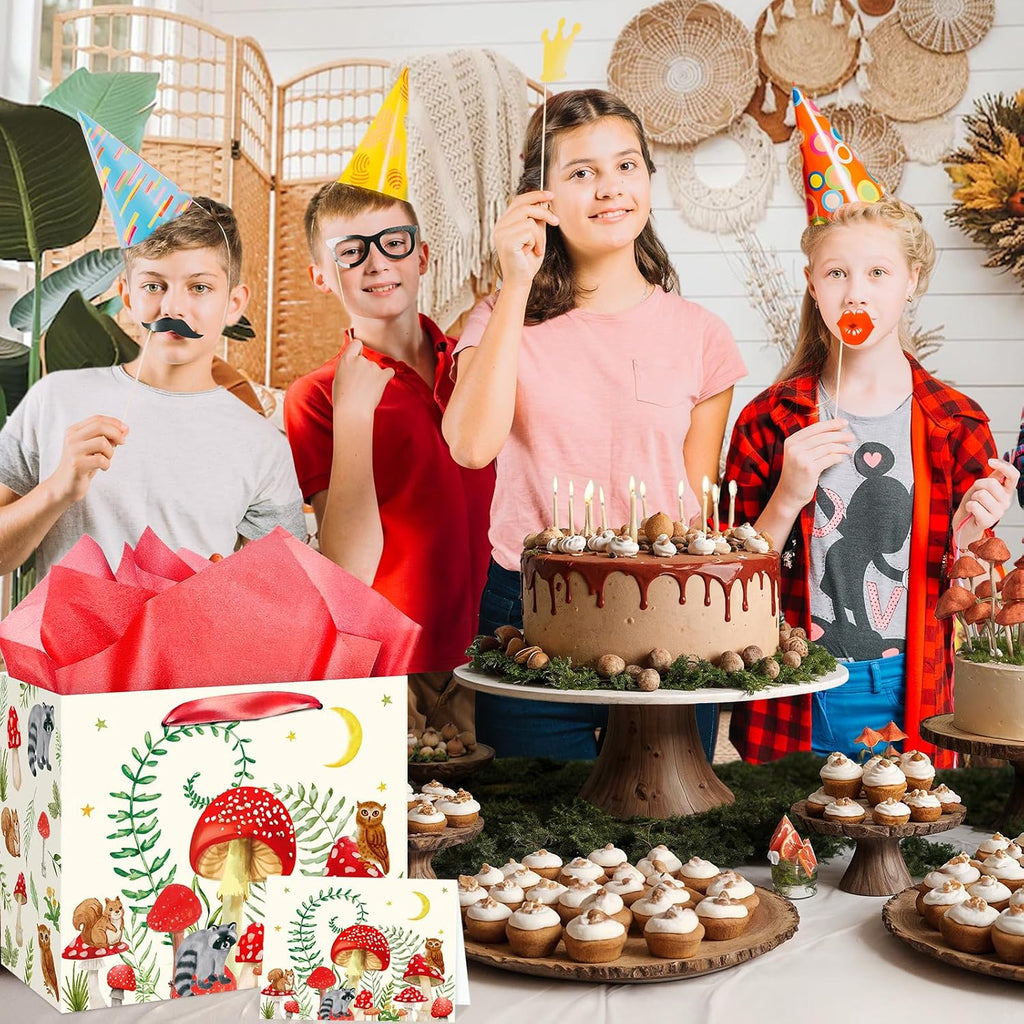 Mushroom Gift Bag for Mushroom Party Decoration Mushroom Birthday Gift Bag with Tissue Papers and Card Mushroom Themed Wrapping Bags Squirrel Owl for Boys Girls Xmas Jungle Party Christmas Baby Shower