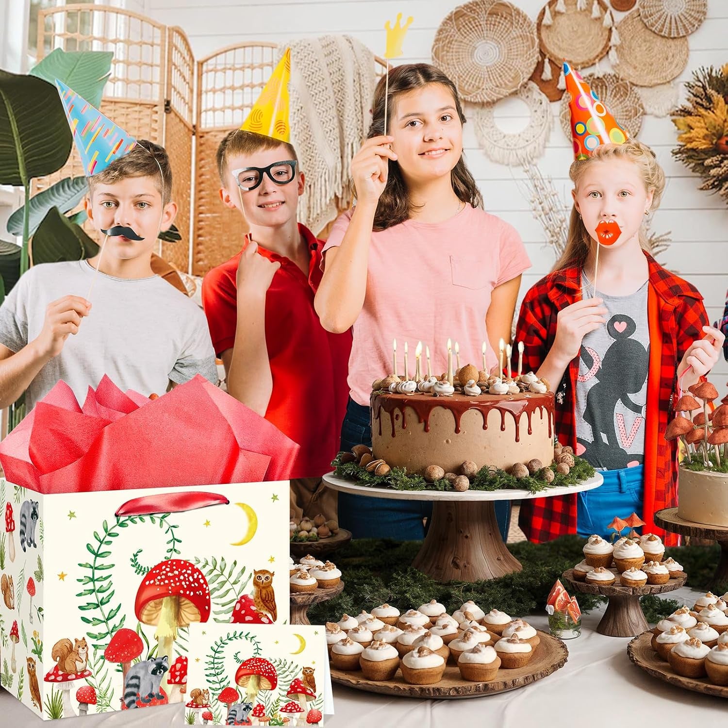 Mushroom Gift Bag for Mushroom Party Decoration Mushroom Birthday Gift Bag with Tissue Papers and Card Mushroom Themed Wrapping Bags Squirrel Owl for Boys Girls Xmas Jungle Party Christmas Baby Shower