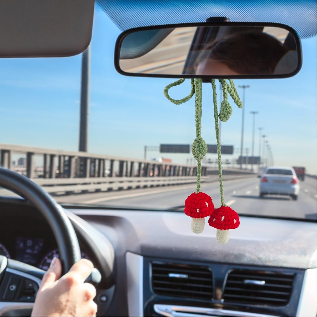Mushroom Car Hanging Ornament, Cute Handmade Crochet Vehicle Rear View Mirror Pendant, Knitted Automotive Interior Decoration Charm Accessories, Universal for Sedan Truck SUV