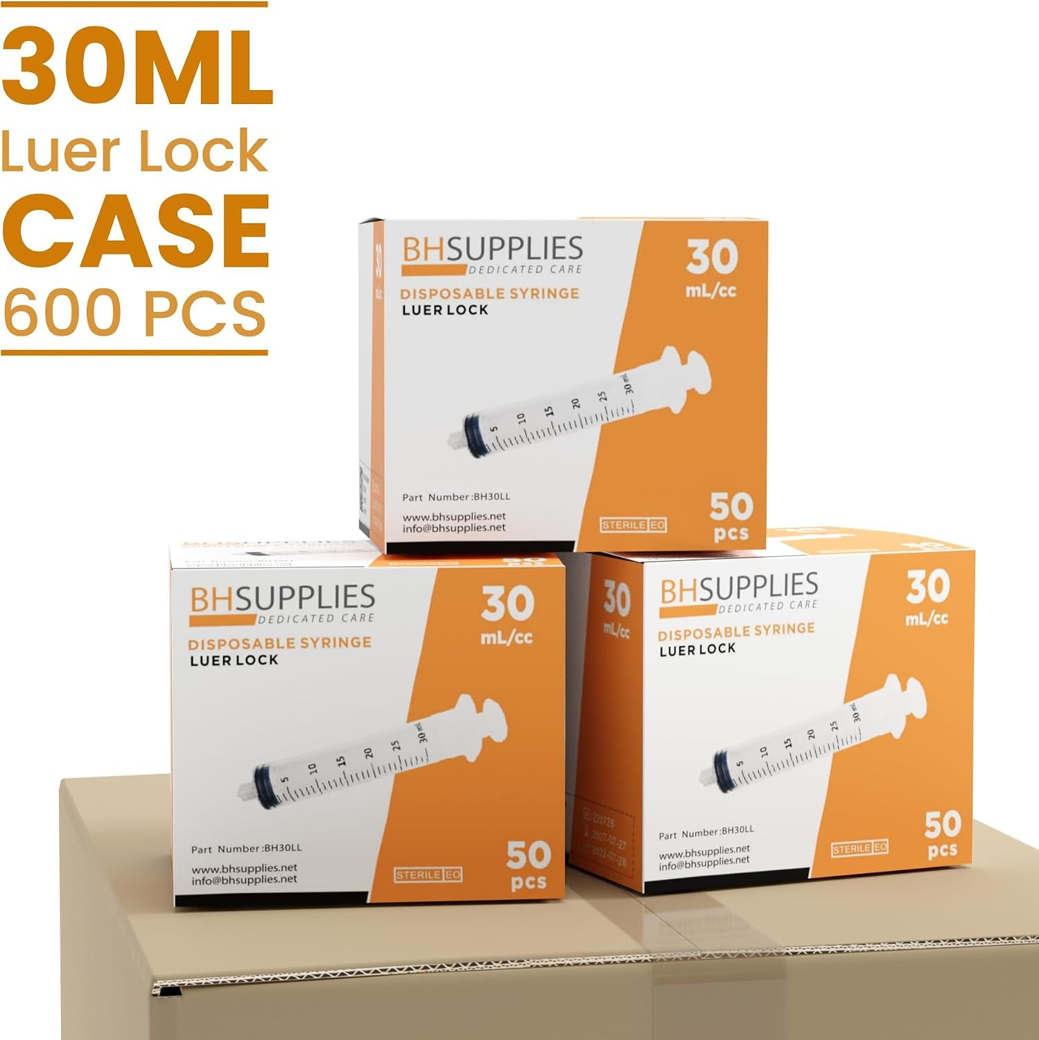 Bulk Case:  30Ml Sterile Luer Lock Syringe - Individually Wrapped (600 Syringes, 12 Boxes of 50 Units)