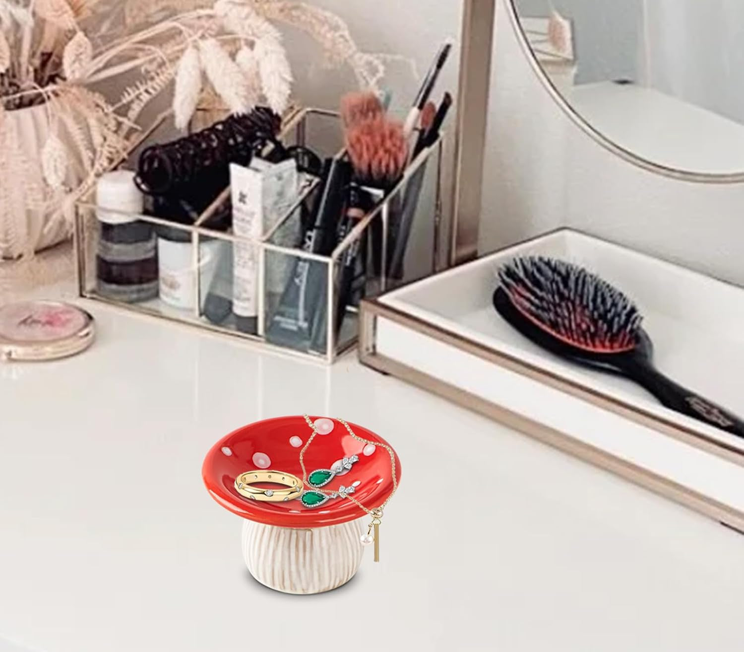 Mushroom Ring Holder Jewelry Tray Red Dish Ceramic Trinket Storage Jar Mini Engagement Ring Holder