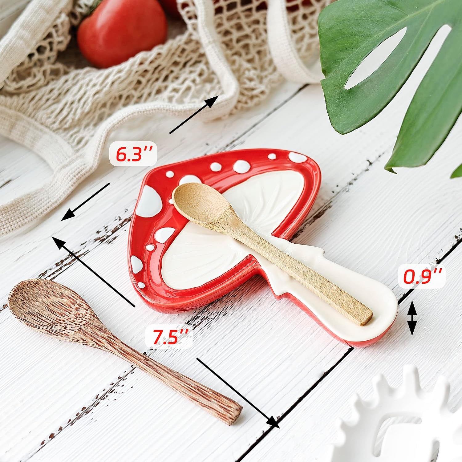 Ceramic Mushroom Spoon Rest - Whimsical Kitchen Decor for Home, Mushroom Utensil Spatula Holder for Cooktop Surface, Cute and Durable Kitchen Accessories, Cottagecore Decor Red & Cream