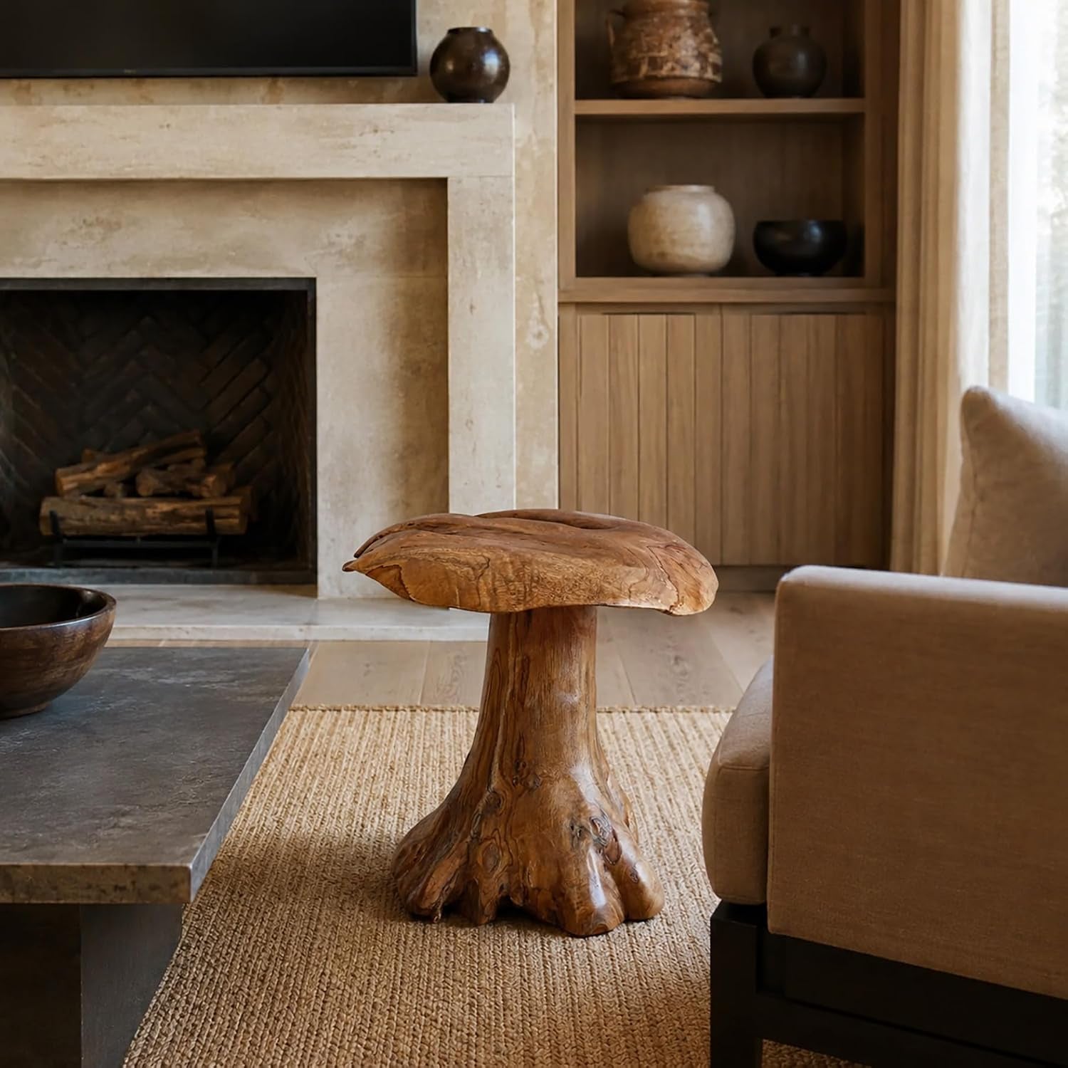 Handcrafted Teak Mushroom Decor – Solid Indonesian Teak Wood Sculpture – Organic Modern Accent for Shelf, Table, or Garden – Natural Rustic Decor (20 Inch)