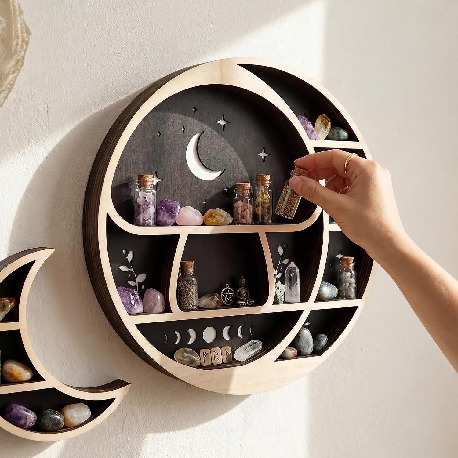 Mushroom Moon Shelf Wall Decor with LED Light, Circle Wooden Trinket Knick Knack Shelf, Moon Decor Crystal Display Shelves for Rocks Gems Healing Stones, Cute Crystal Holder Organizer
