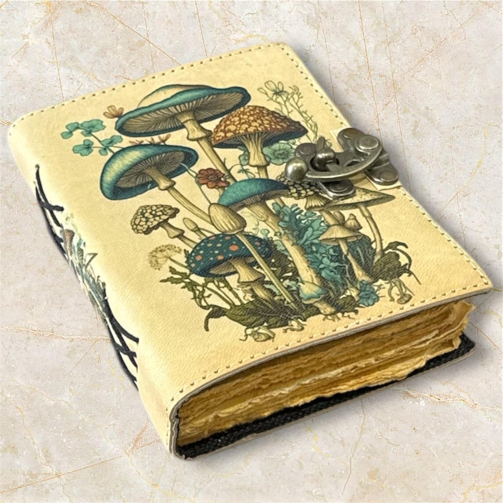 Mushroom Printed Blank Spell Book of Shadow Leather Journal Deckle Edge Paper Witchy Wiccan Journal Spiral Gothic Notebook Grimoire Journal Festival Gifts for Men and Women