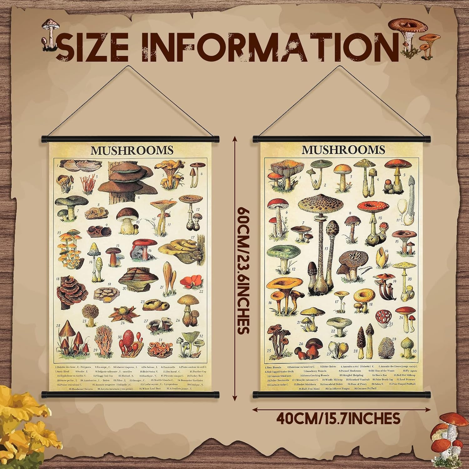 2 Pcs Vintage Mushroom Flower Butterfly Tree Poster Fungus Rustic Wall Hanging Illustrative Reference Chart Poster for Bedroom Living Room, 15.7 X 23.6 Inch(Vintage Mushroom)