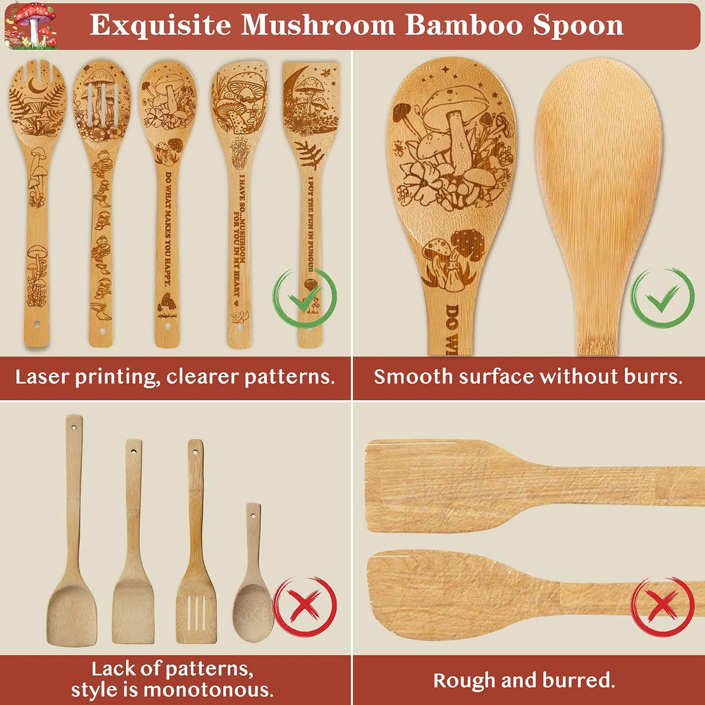 Mushroom Kitchen Decor Bamboo Wooden Spoons with Utensil Holder-Mushroom Kitchen Accessories for Cooking-Home Decorations Gifts for Women-Housewarming,Birthday,Easter,Mothers Day Gift（6Pcs）