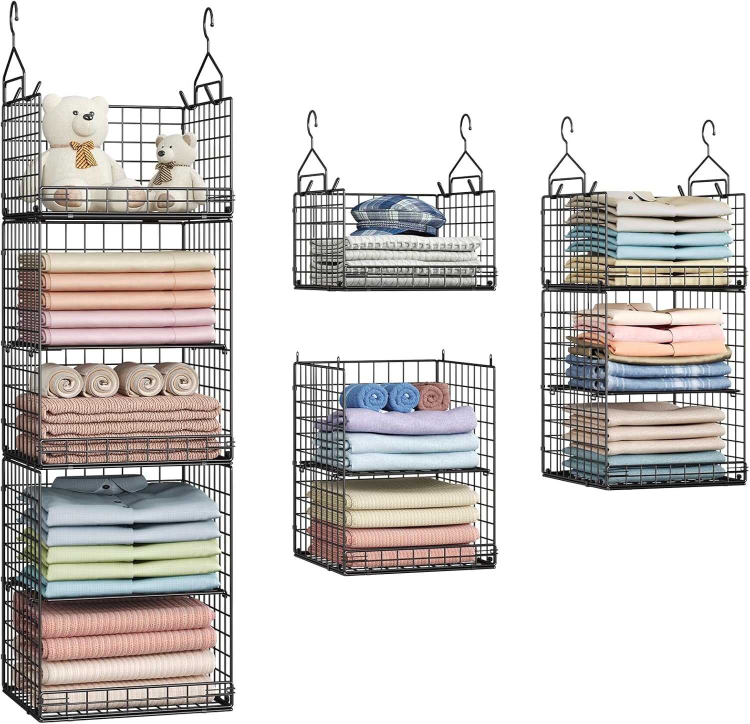 5 Tier Closet Hanging Organizer and Storage Separable Hanging Closet Shelves with 4 Hooks 2 Adjustable Dividers, Wire Storage Basket Bins for Clothing Sweaters Socks Dolls Handbags, Foldable