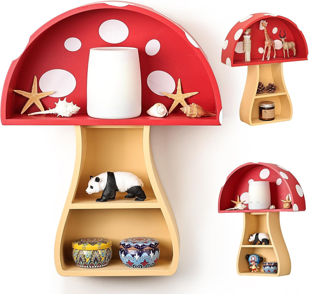 Floating Mushroom Shelf, Fun & Whimsical Wall Decor for Nursery, Bedroom, Kitchen & Bathroom, Unique Wall Shelves for Living Room - Adorable Mushroom Stuff & Room Decor, Ideal for Gifts