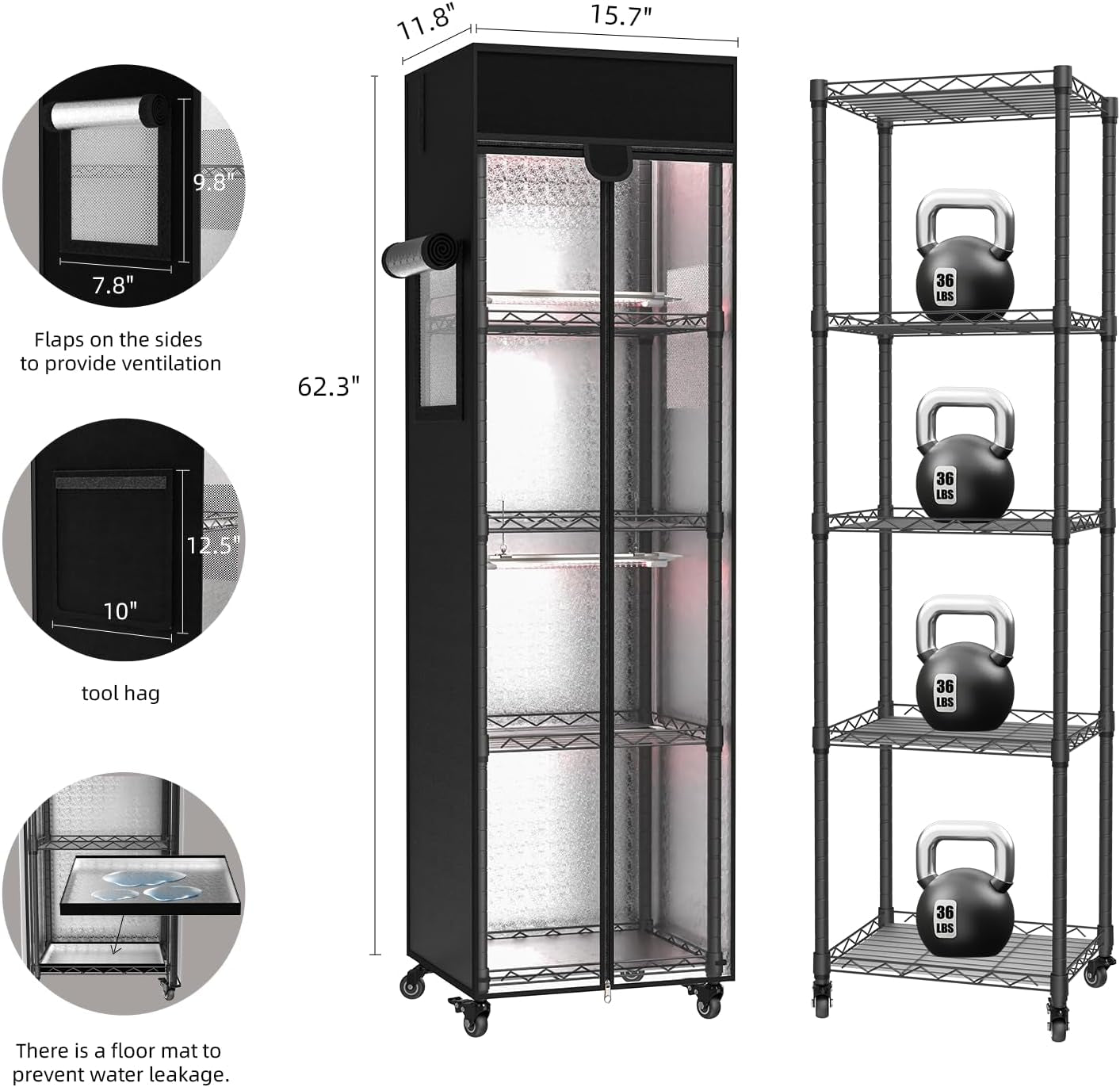 Indoor Greenhouse with Grow Light, 15.7" L×11.8" W×62.3" H with 48W